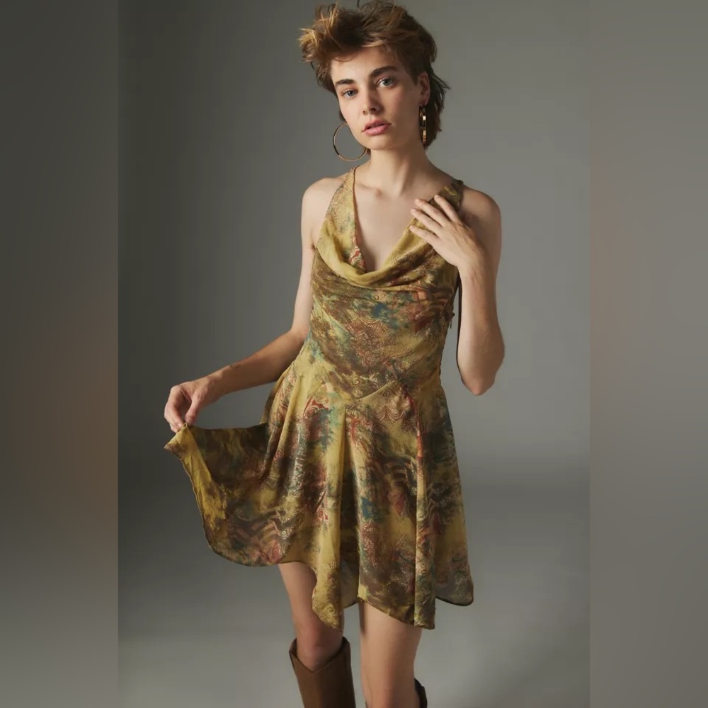 Silence + Noise Marie Printed Cowl Neck Mini Dress